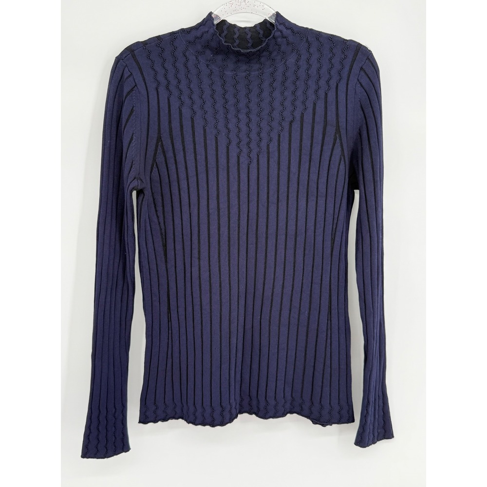 White House Black Market Navy Blue Ribbed Mock Neck Chevron Stripe Sweater Sz L